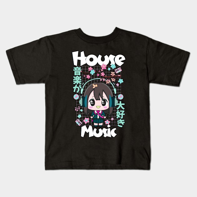 HOUSE MUSIC - Cute Kawaii Character (White/teal/pink) Kids T-Shirt by DISCOTHREADZ 